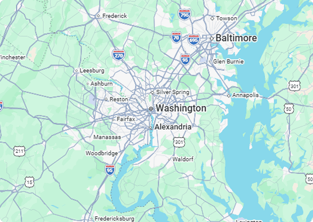 commercial AV installation service area map for Washington DC and surrounding regions