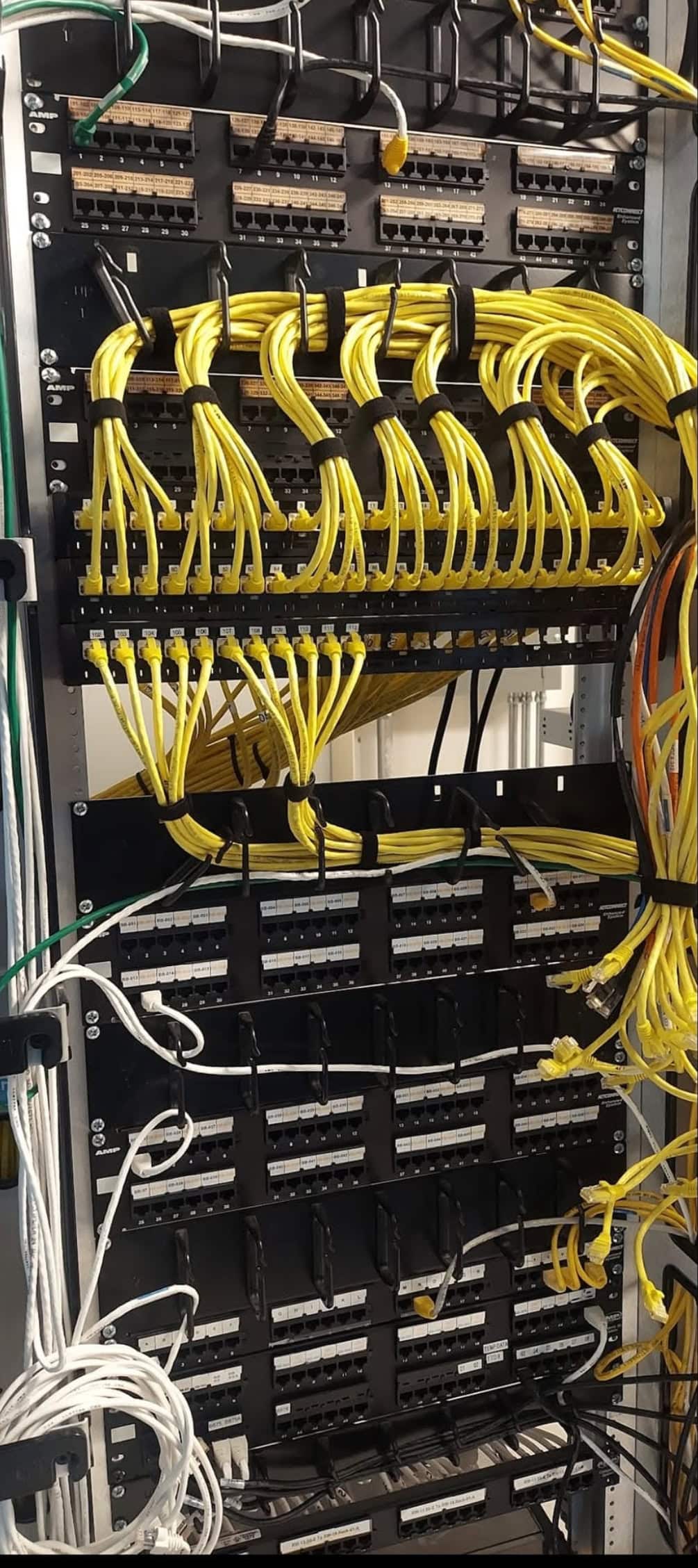 AV installation services with organized network cabling in an equipment rack