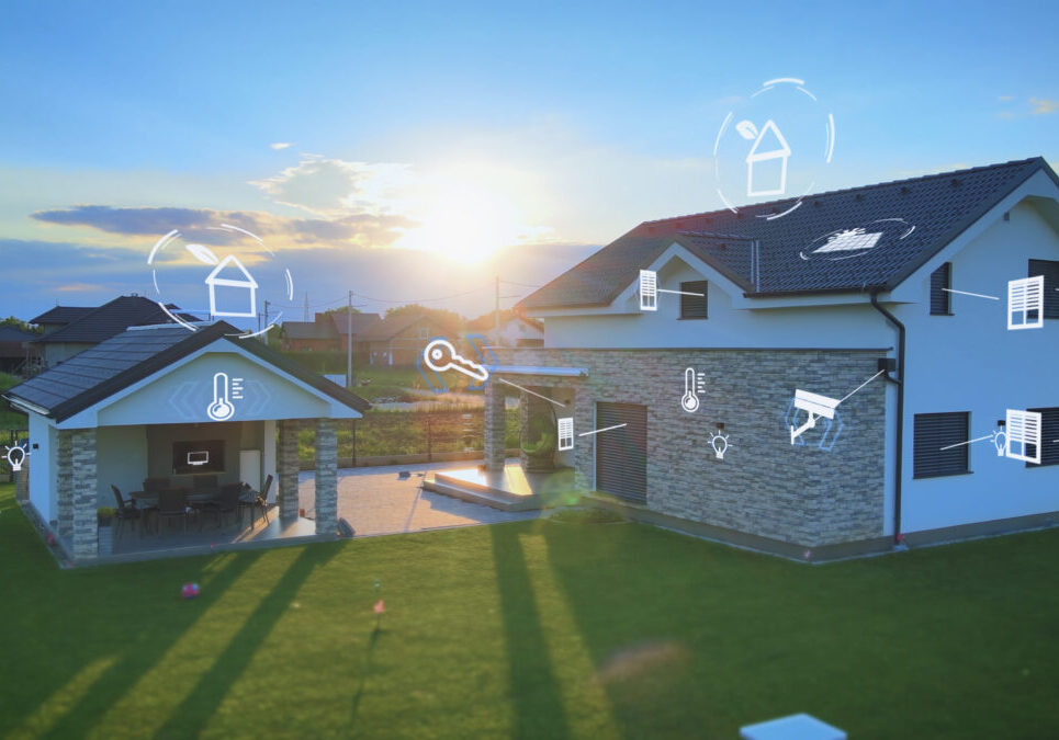 Smart home intelligent house at sunset with animations logo of modern devices for remote control and security, environmental friendly eco sustainable building